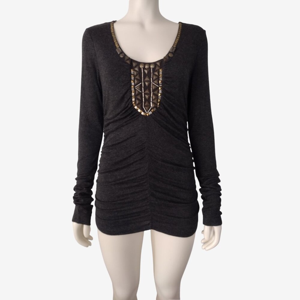 Cabi Gray Studded Ruched Long Sleeved Soft Knit Fitted Pullover Tunic